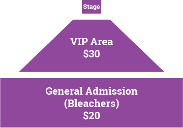 diagram showing VIP area closest to stage and General Admission area in bleachers behind VIP