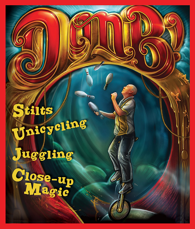 DonB promo illustration - Stilts, Unicycling, Juggling, Close-up Magic