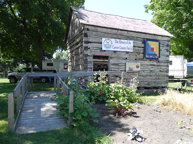 Carver County Historical Society log granary on the Carver County Fairgrounds